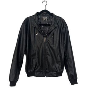 Emporio Italy Black Leather Bomber Jacket Moto Style Ribbed Cuffs Suede Trim